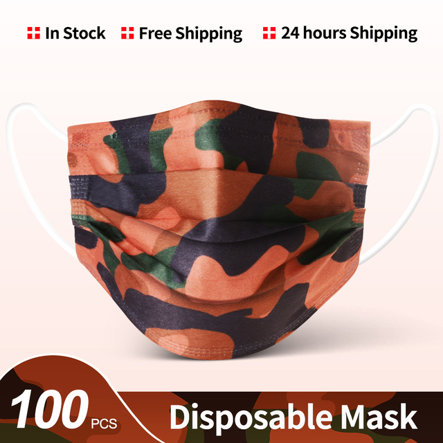 Camouflage disposable face mask 3 ply filter earbuds 100pcs protective face cover masque surgical mascarillas desechables