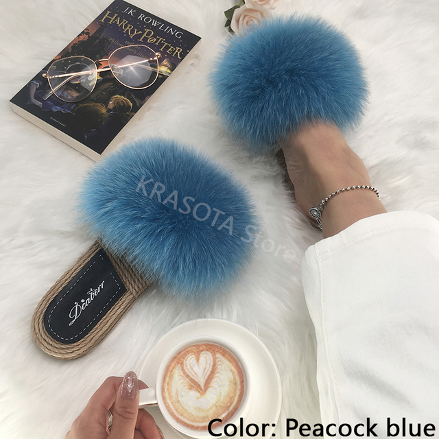 Real Fox Fur Slides Summer Women Faux Espadrilles Slippers Ladies Fluffy Flip Flops Luxury Furry Sandals Shoes 36 37 38 39 40