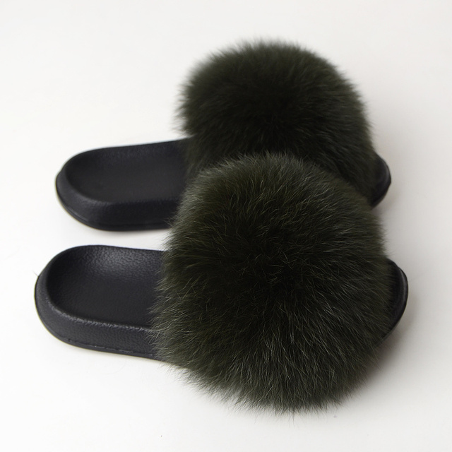 Real Fox Fur Slippers Women Summer Indoor Fluffy Flat Raccoon Fur Slides Outdoor Fashion Casual Beach Shoes Plus Size Shoes