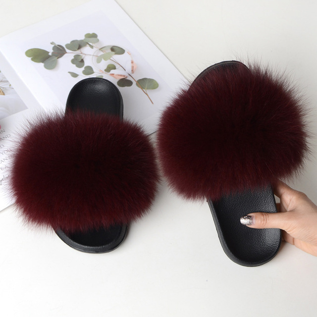 Summer fox fur slippers flat non-slip solid plush home shoes