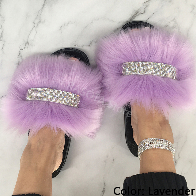 Home Slippers Women Thin Slippers Luxury Summer Faux Fur Slippers Furry Slides Shoes For Women With Rhinestones Slipper 2022