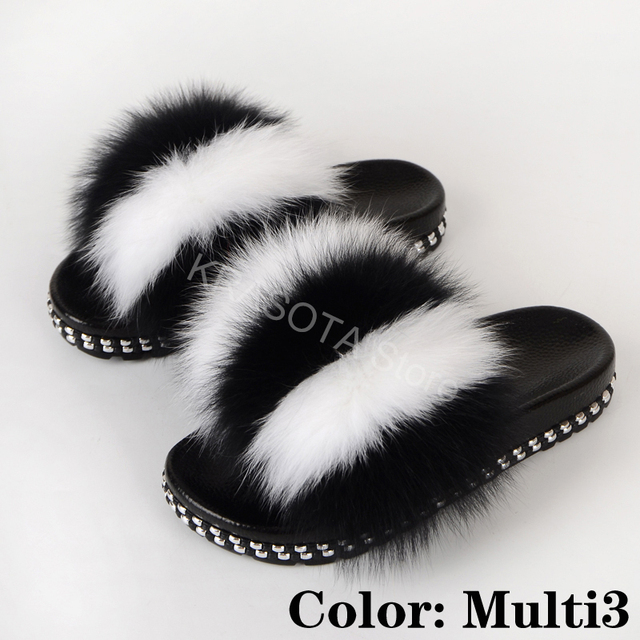 Fur Slippers Women Real Fox Fur Slides Fluffy Home Slippers Luxury Flip Flop with Fur Ladies Platform Sandals Summer Shoes Women