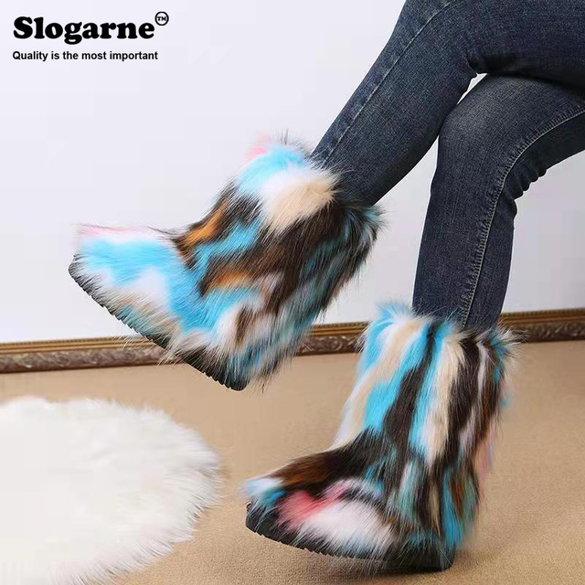 Women Snow Boots Outdoor Fur Boots Fluffy Fur Female Luxury Furry Plush Bottes Warm Mid-Calf Winter Boots Large Size Platform