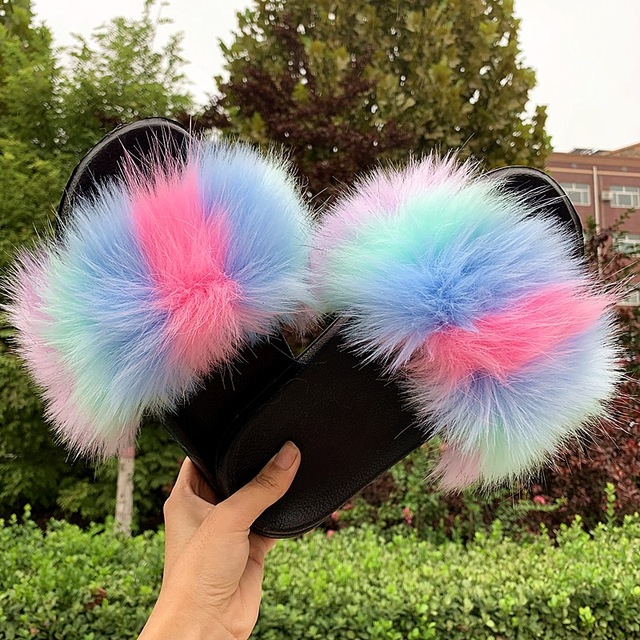 Fashion designer luxury ladies furry fur slippers colorful sandals rainbow shoes for women