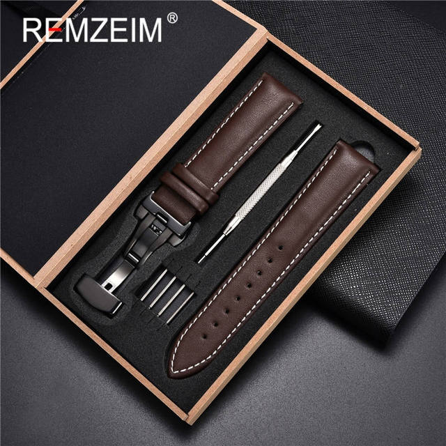 Rimzm Soft Calfskin Leather Watches 18mm 20mm 22mm 24mm Straps Automatic Butterfly Clasp Watch Accessories With Box