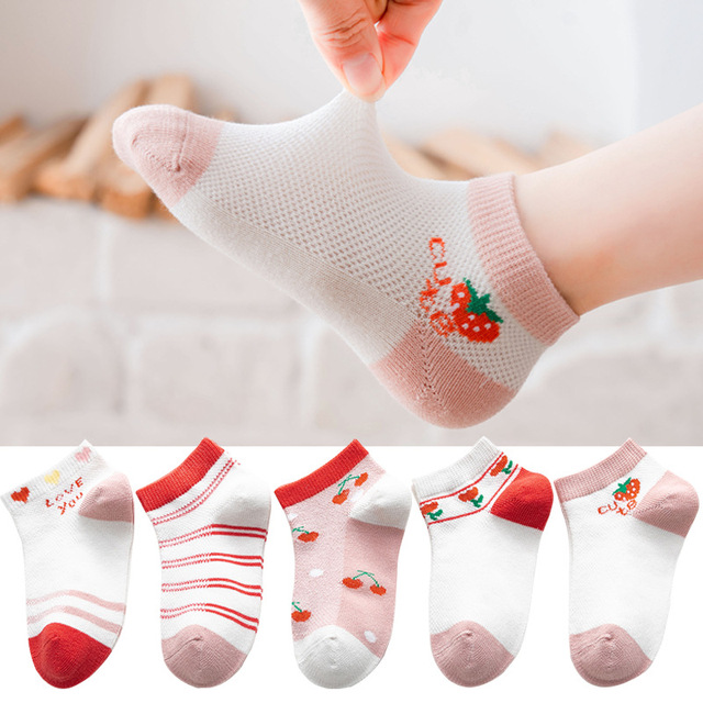 5 Pairs Girls Cotton Socks Summer Thin Mesh Breathable Cute Cartoon Children Socks Toddler Baby Girls Socks Pink 1-12 Years