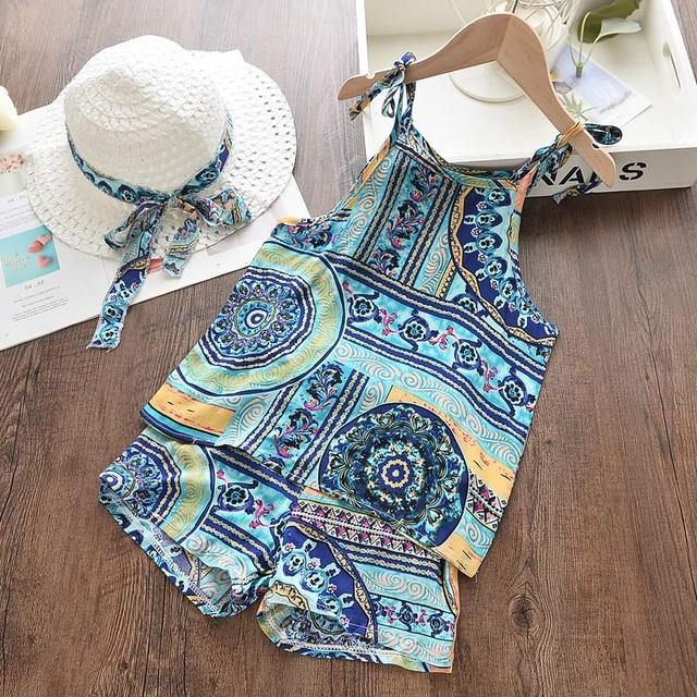 Girls clothes set 2022 new summer sleeveless T-shirt and print bow shorts for girl kids clothes children clothing 3 5 7 years