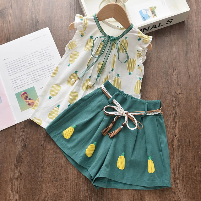 2022 Summer New Kids Clothes Fruit Print Casual Girls Clothing Set + Pants 2 Pack Fashion Ribbon Bow Set Toddler Clothing