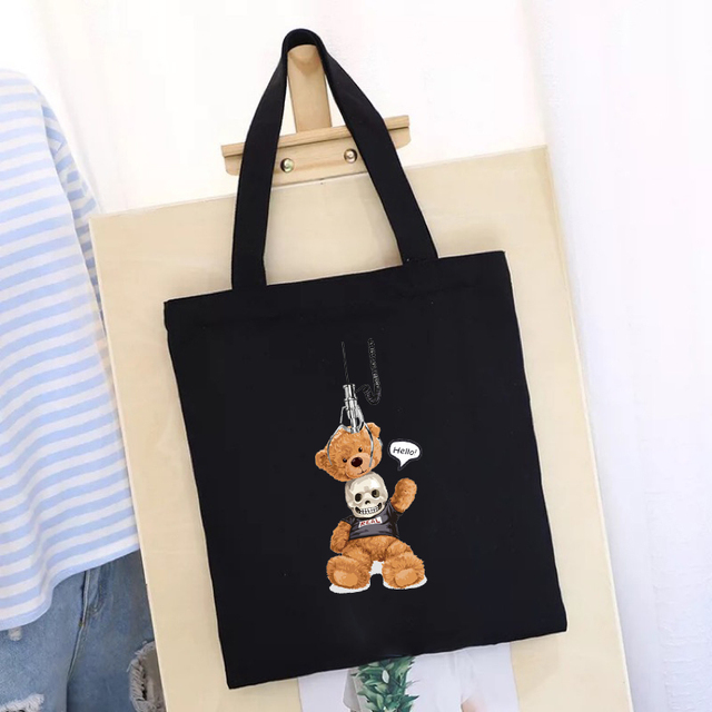 Women's Shopping Bag All-match Bear Chain Handbag Folding Reusable Canvas Shopper Harajuku Style Bag New Student Canvas Tote Bag