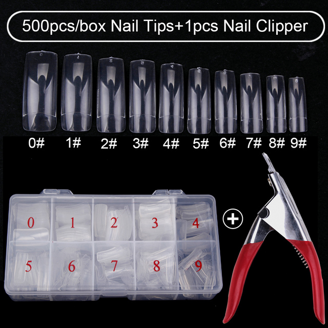 500pcs/box Clear Artificial False Nail Tips Capsule with Nails Cutter Coffin French Full Cover Fake Nails Manicure Tools