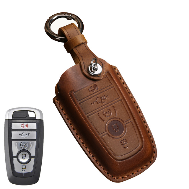 Leather Key Case Cover Fob Keychain Holder For Lincoln Ford Raptor F150 Explorer Everest Ranger Accessories Remote Keyring Bag