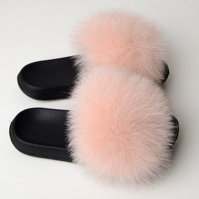 Real Fox Fur Slippers Women Summer Indoor Fluffy Flat Raccoon Fur Slides Outdoor Fashion Casual Beach Shoes Plus Size Shoes