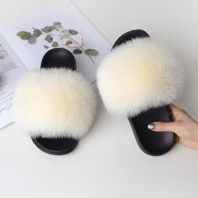 Summer fox fur slippers flat non-slip solid plush home shoes