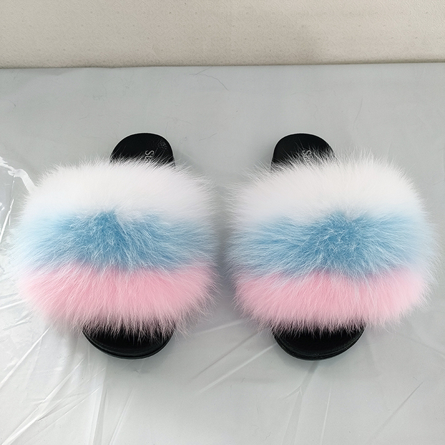 Women Summer Fluffy Fur Slippers Flat Non-slip Solid Real Furry Fur Slides Platform Shoes Plush Fur Sandals Flip Flops Women