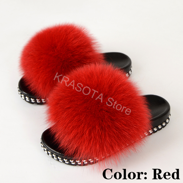 Fur Slippers Women Real Fox Fur Slides Fluffy Home Slippers Luxury Flip Flop with Fur Ladies Platform Sandals Summer Shoes Women