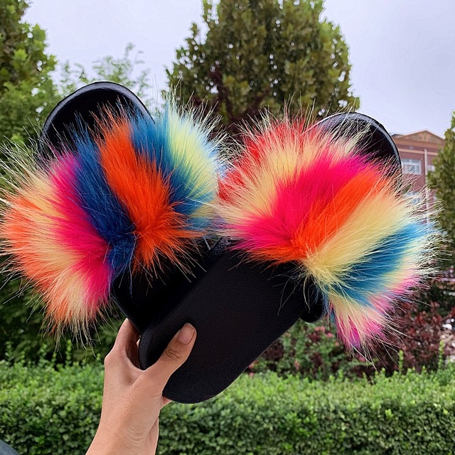 Fashion designer luxury ladies furry fur slippers colorful sandals rainbow shoes for women