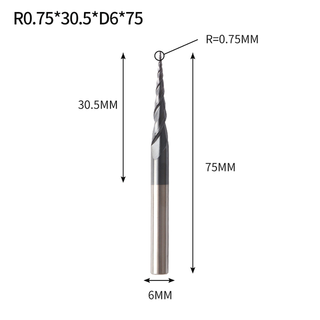 VACK - Ball Nose Pointed End Mills, 3.175mm, 4mm, 6mm, 8mm, Router Bits, Cnc, Wood and Metal Milling Machine