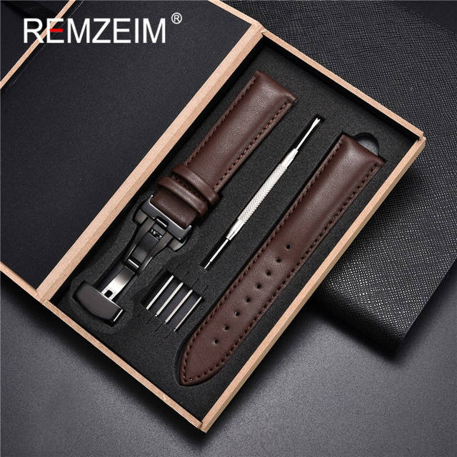 Rimzm Soft Calfskin Leather Watches 18mm 20mm 22mm 24mm Straps Automatic Butterfly Clasp Watch Accessories With Box