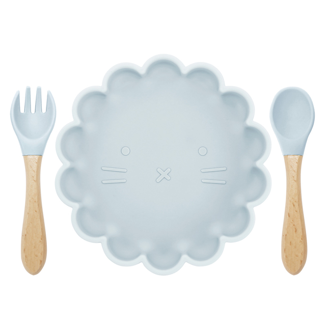 Children's Silicone Dinner Plate Strong Sucker Cartoon Lion Baby Feeding Set BPA Free Wooden Handle Fork Spoon Baby Shower Gift