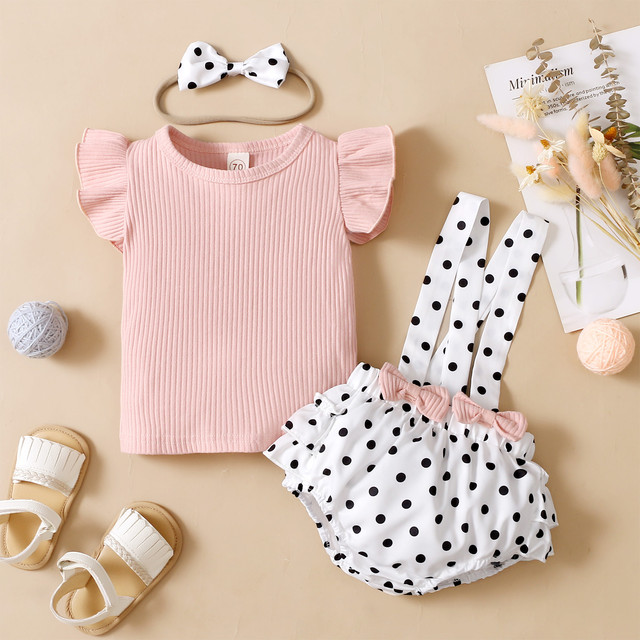 Newborn Baby Girls Clothes Sets Toddler Girls Outfits Ruffle Sleeve T-shirt Suspenders Pants Headband 3pcs Outfit Set Toddler 0-18M