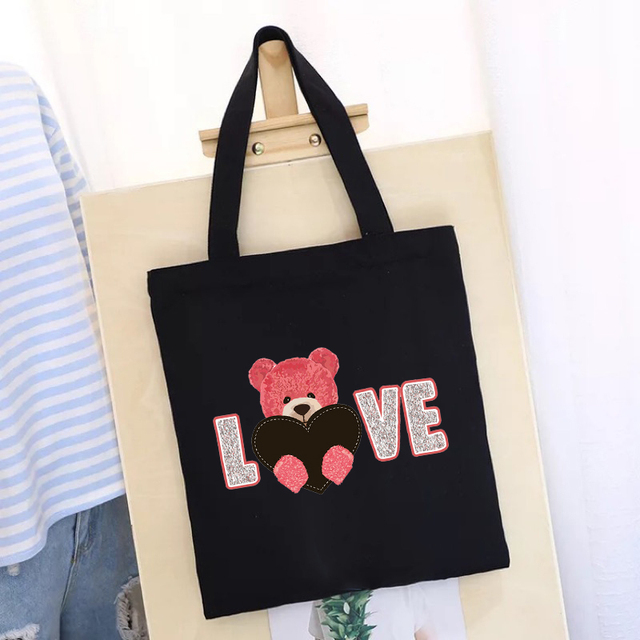 Women's Shopping Bag All-match Bear Chain Handbag Folding Reusable Canvas Shopper Harajuku Style Bag New Student Canvas Tote Bag