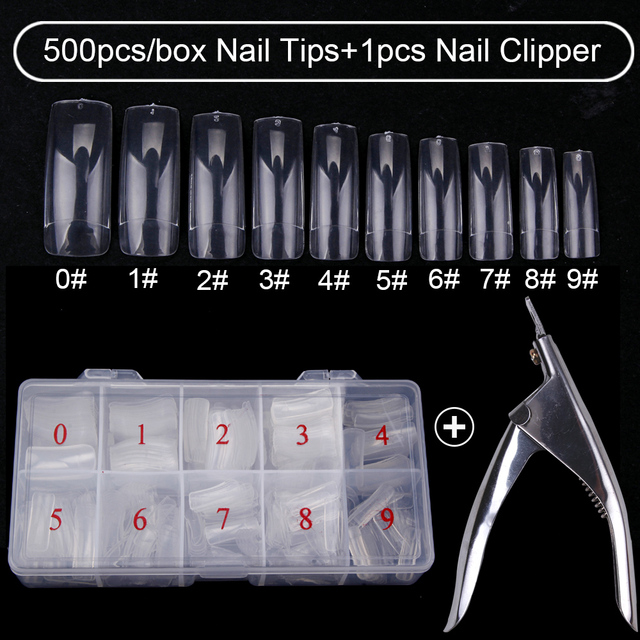 500pcs/box Clear Artificial False Nail Tips Capsule with Nails Cutter Coffin French Full Cover Fake Nails Manicure Tools