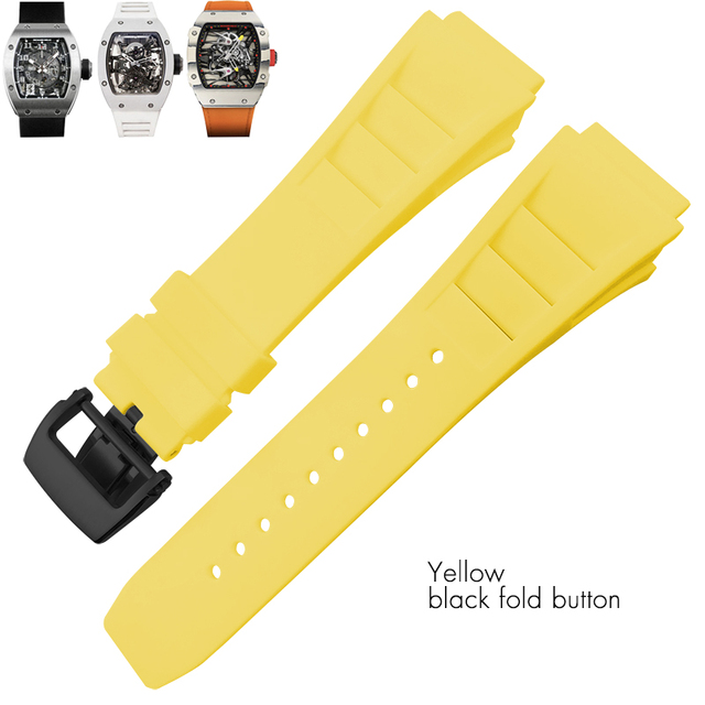 25mm Silicone Watches Rubber Band For Richard Black White Yellow Mil Strap Spring Bar Stainless Steel Buckle Watch Accessories
