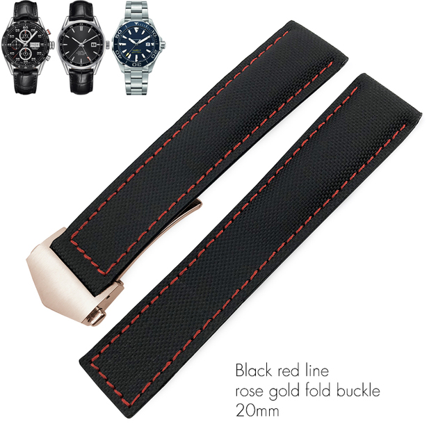 20mm 22mm Canvas Nylon Leather Watch Strap Fold Buckle Black Watch Band For Tag Heuer Carrera AQUARACER Watch Bracelets For Men