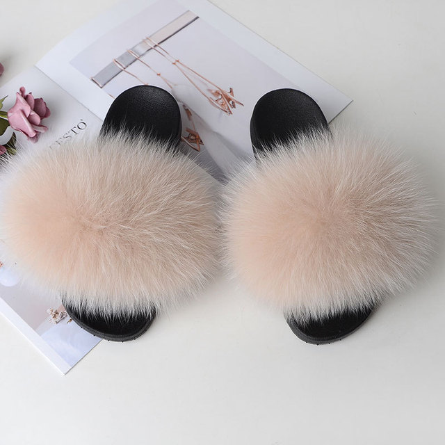 Women Summer Fluffy Fur Slippers Flat Non-slip Solid Real Furry Fur Slides Platform Shoes Plush Fur Sandals Flip Flops Women