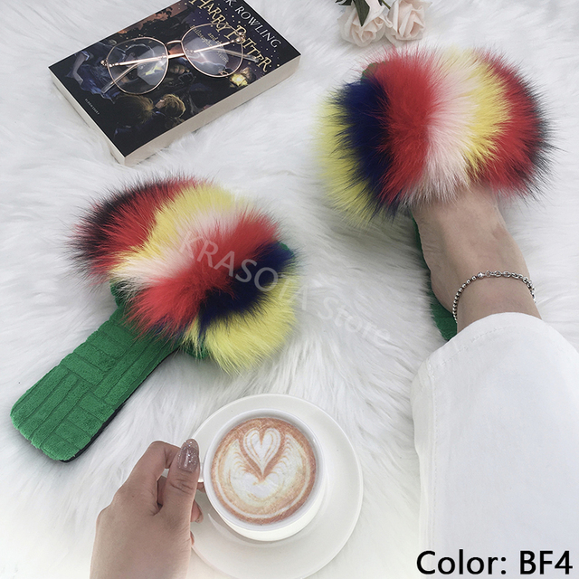 Summer Women Slippers Cotton Fabric Real Fur Flip Flops Fancy Sandals Ladies Faux Fur Slippers 2022 Home Shoes Woman