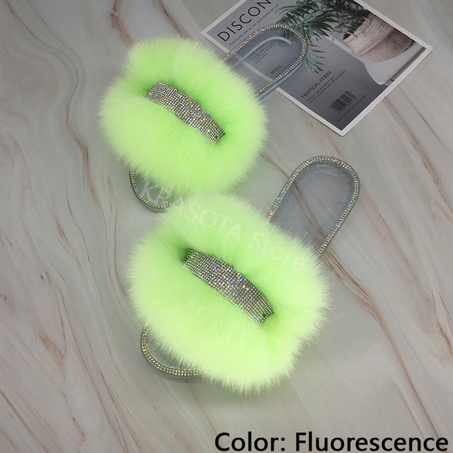 Jelly Slippers Transparent Crystal Flat Slippers Furry Slides for Women Fluffy Slippers Fur Sandals Flip Flop Ladies Summer 2022