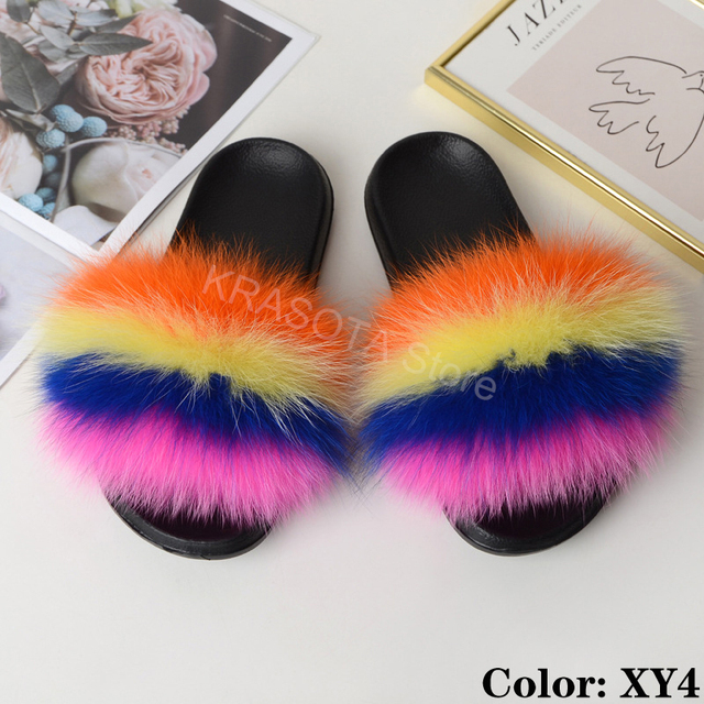 fluffy slippers women luxury real fox fur slippers women home fur slides ladies summer flip flops wholesale flat shoes slippers