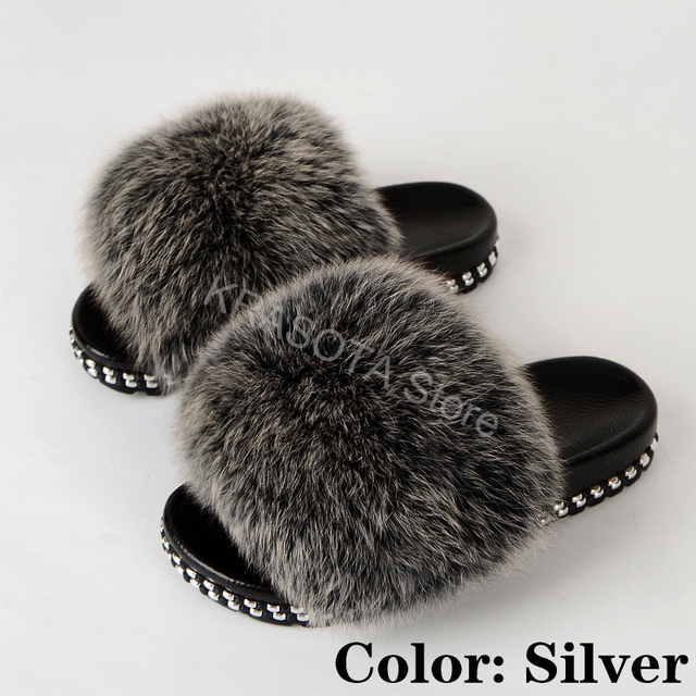 Fur Slippers Women Real Fox Fur Slides Fluffy Home Slippers Luxury Flip Flop with Fur Ladies Platform Sandals Summer Shoes Women