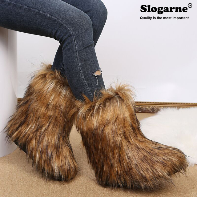 Women Snow Boots Outdoor Fur Boots Fluffy Fur Female Luxury Furry Plush Bottes Warm Mid-Calf Winter Boots Large Size Platform