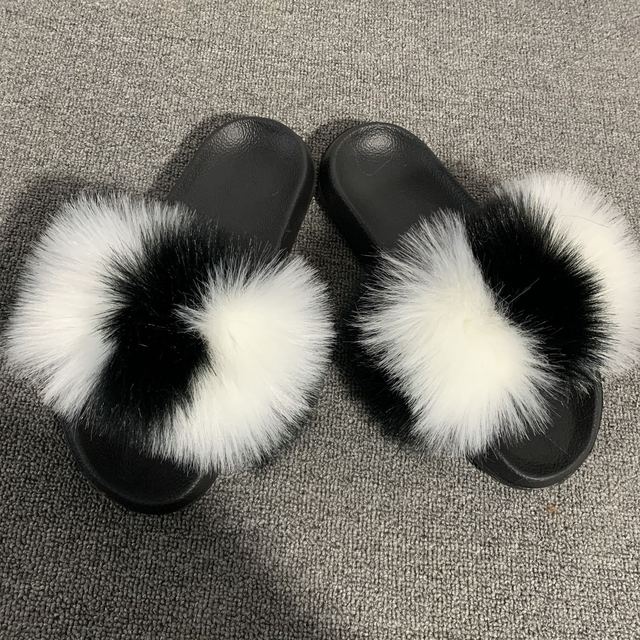 Fashion designer luxury ladies furry fur slippers colorful sandals rainbow shoes for women