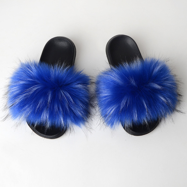 Women Summer New Synthetic Fox Fur Slippers Indoor Home Furry Cute Faux Raccoon Fur Non-slip Outdoor Home Shoes Beach Sandals