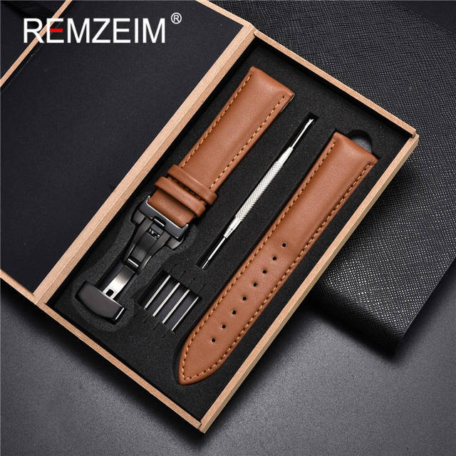 Rimzm Soft Calfskin Leather Watches 18mm 20mm 22mm 24mm Straps Automatic Butterfly Clasp Watch Accessories With Box