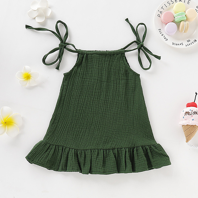 Baby Girls Summer Sleeveless Ruffles Dress Cotton Linen Fabric Kids Sheer Clothes