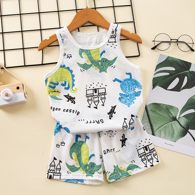 Baby Kids Pajamas Sets Cotton Boys Pajamas For Girls Sleeveless Hollow Dinosaur Tshirt Short Summer Pajama Suit Children Clothes