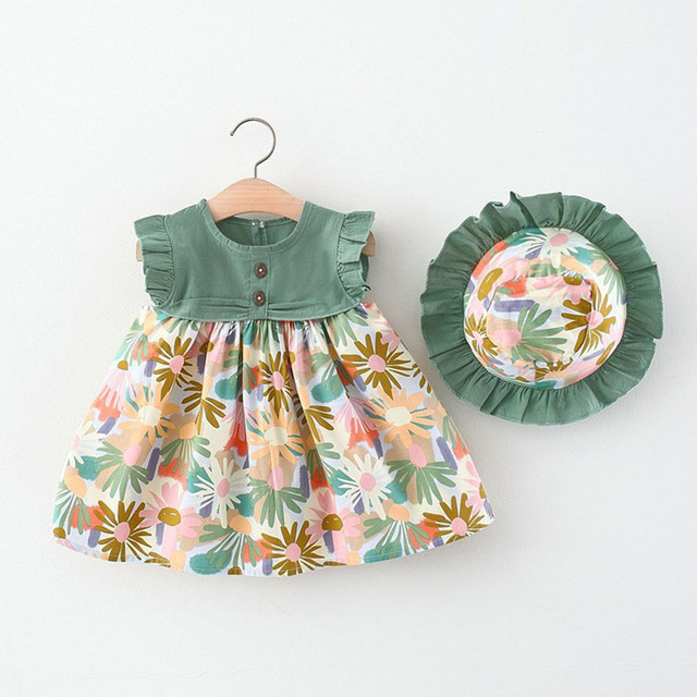 Melario Summer Outfit Toddler Girl Dresses Korean Fashion Cute Print Cotton Baby Princess Dress + Sunhat Newborn Clothes Set