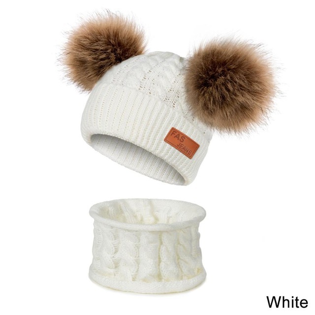 New Newborn Baby Kids Girls Boys Hat Scarf Winter Warm Knit Hat Furry Balls Pompom Solid Warm Cute Lovely Beanie Hat Gift Set