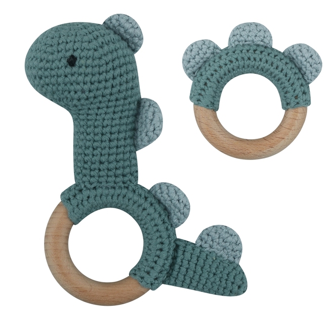 1pc or 2pcs/set BPA Free Crochet Dinosaur Baby Teether Rattle Safe Beech Wooden Teether Ring Newborn Mobile Sport Educational Toy