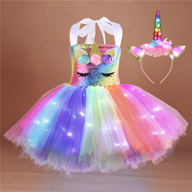 Girl Unicorn Dresses for Girls Tutu Princess Party Dresses with LED Lights Flower Birthday Party Cosplay Costume Girls Clothing