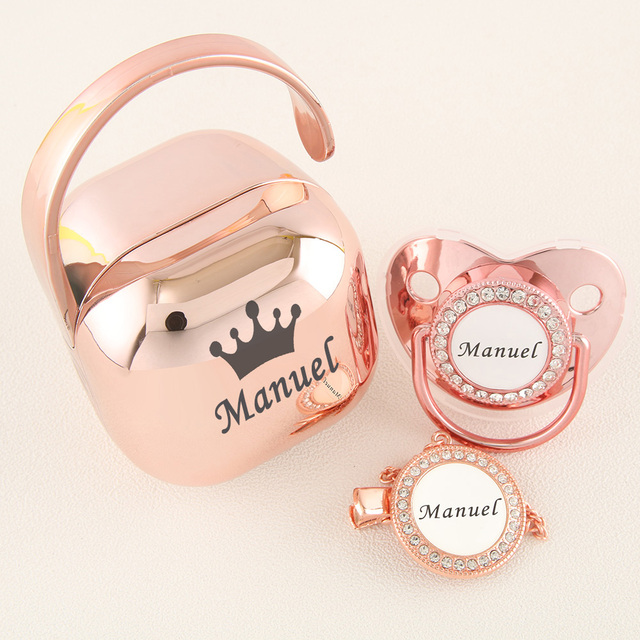 Luxury Personalized Any Name Rose Gold Bling Baby Pacifier And Clips Pacifier Box Set BPA Free Doll Soother Unique Shower Gift