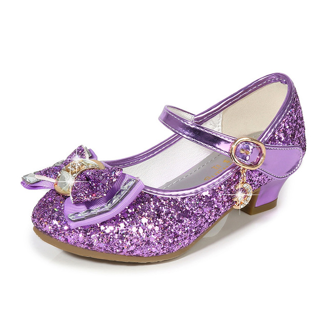 ULKNN-Girls Princess Leather Shoes Casual Floral Sequin High Heel Butterfly Bowknot Shoes Blue Pink Silver