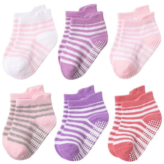 6 Pairs 0-5 Years Cotton Children Anti-Slip Boat Socks for Boys Girl Low Cut Floor Toddler Ankle Sock with Rubber Grips Four Season