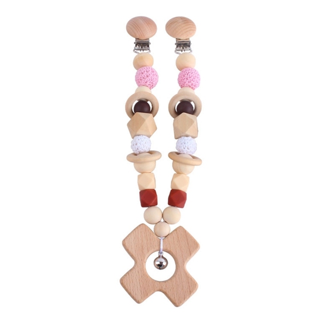 Baby Wooden Teether Nursing Molar Soother Teething Charm Stroller Clip Hanging Toy Pacifier Chain Pram Mobile Rattle