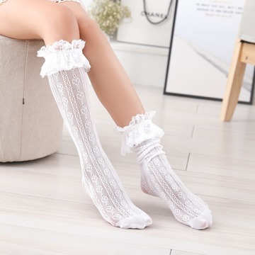 Children's Socks White Girl's Lolita Lace Knee High Socks Toddler Floral Sox Japanese Style Female Hollow Out Ruffle Cheap Stuff