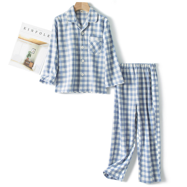 2021 Spring Fall Fall Winter Boys Girls Button Down Pajamas Childeren Baby Clothing Set Brushed Finish Cotton Plaid Homewear