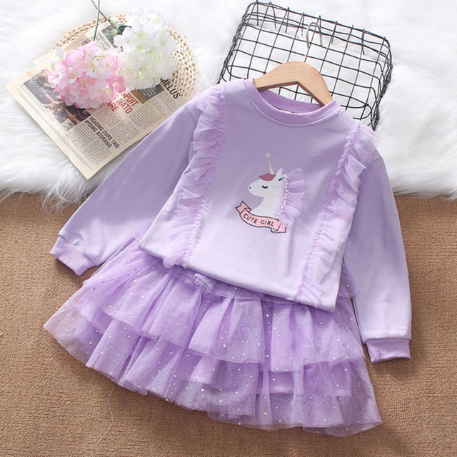 2022 spring new little girls clothes pink clothing set cartoon unicorn long sleeve T-shirt skirt 2 two-piece outfits